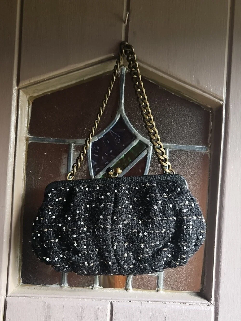 J. Crew Black Sequin Tweed Clutch with Burnished Chunky Gold Chain